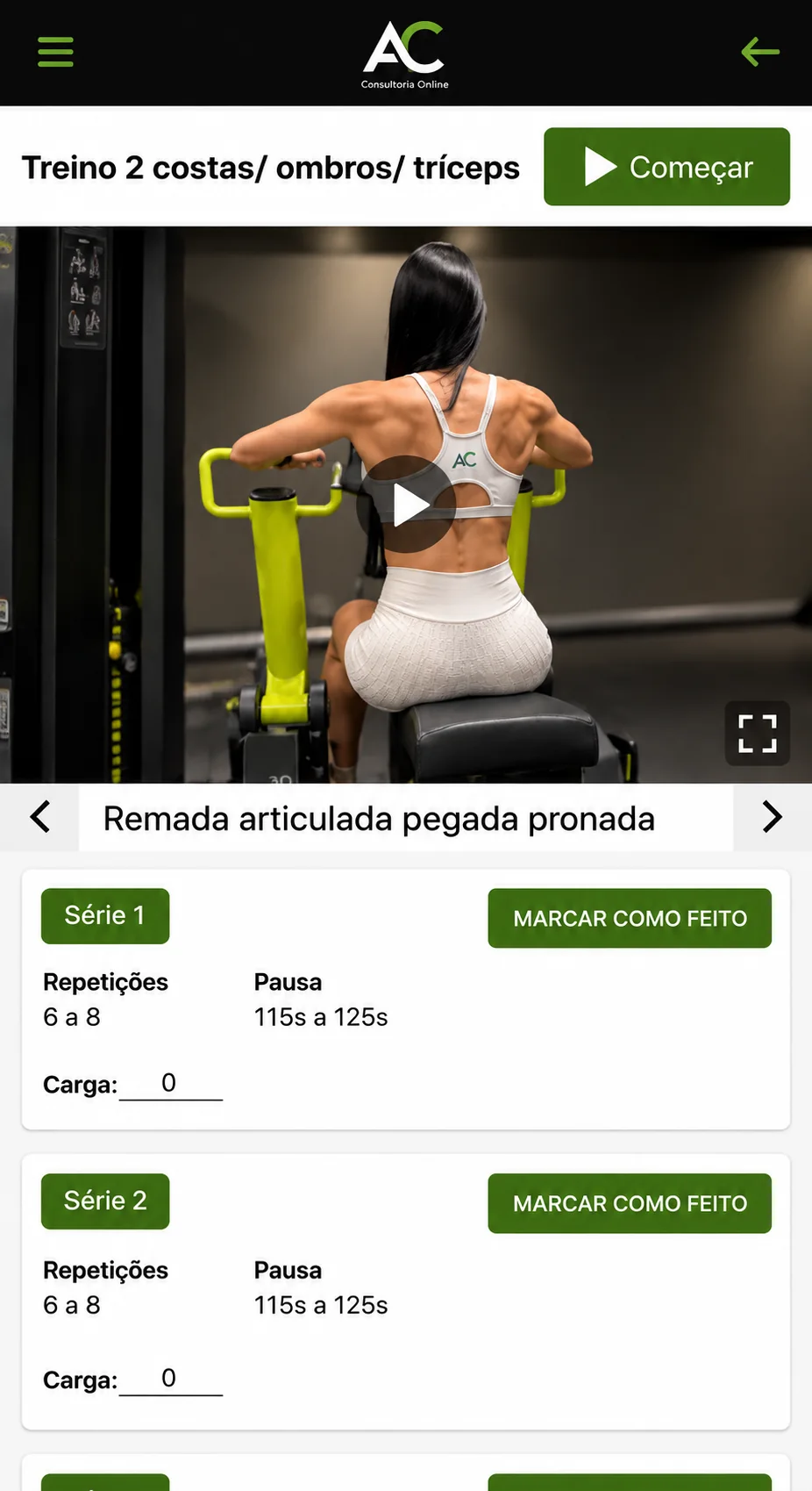Tela real do aplicativo com vídeo do exercício, séries, repetições e campo de carga